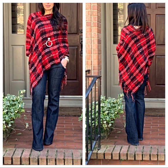 Jackets & Blazers - ✨LAST ONE ✨Red plaid fringe knit poncho